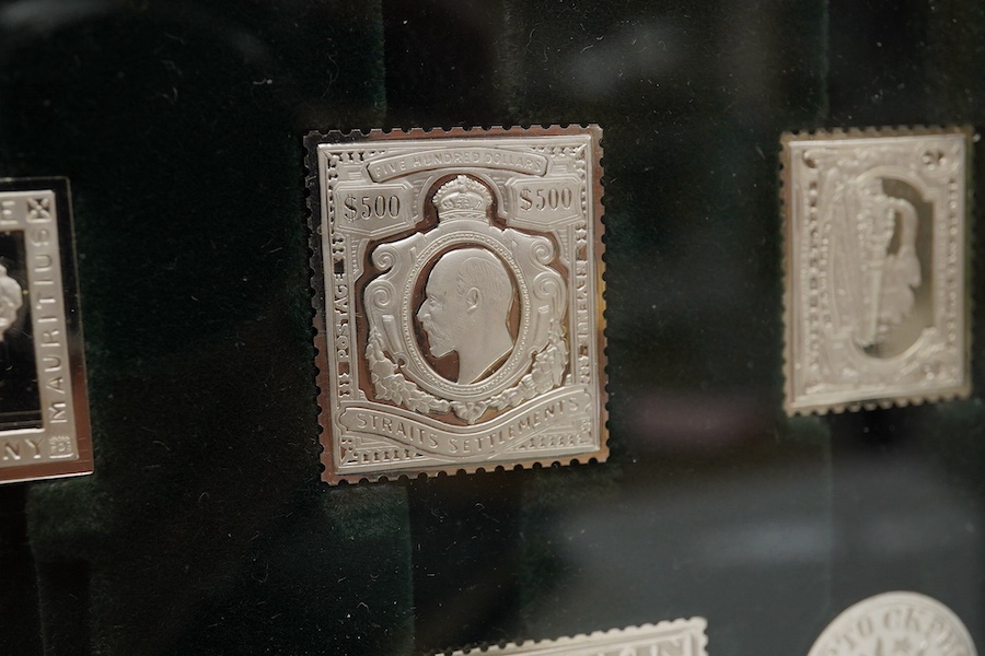 A modern cased set of the 'Official Sterling Silver Proofs of the Worlds Greatest Stamps', 18oz, with certificate of authenticity. Condition - good